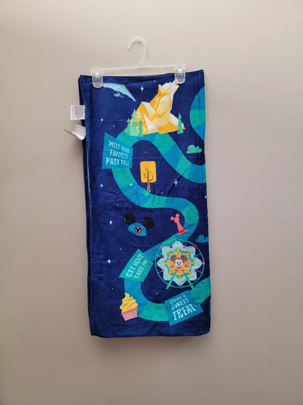 Disney Parks Beach Towel Navy Blue with Teal, Yellow & Pink Character Design